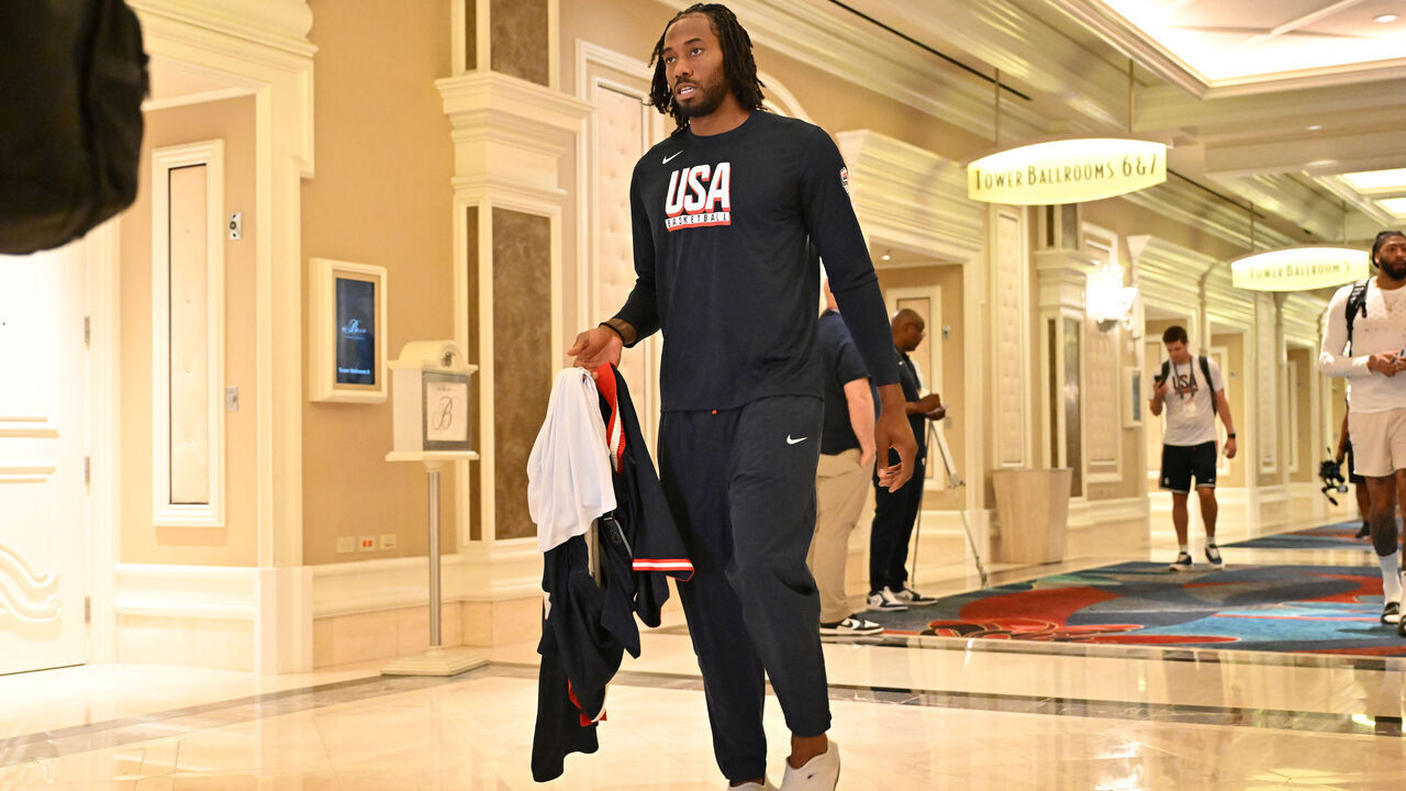 LAS VEGAS, NV - JULY 7: Kawhi Leonard #8 of the USA Basketball Men's Team looks on during USAB Men's Training Camp in Las Vegas on July 7, 2024 in Las Vegas Nevada. NOTE TO USER: User expressly acknowledges and agrees that, by downloading and/or using this Photograph, user is consenting to the terms and conditions of the Getty Images License Agreement. Mandatory Copyright Notice: Copyright 2024 NBAE