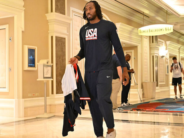 LAS VEGAS, NV - JULY 7: Kawhi Leonard #8 of the USA Basketball Men's Team looks on during USAB Men's Training Camp in Las Vegas on July 7, 2024 in Las Vegas Nevada. NOTE TO USER: User expressly acknowledges and agrees that, by downloading and/or using this Photograph, user is consenting to the terms and conditions of the Getty Images License Agreement. Mandatory Copyright Notice: Copyright 2024 NBAE