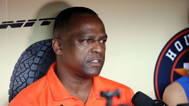 HOUSTON, TEXAS - JUNE 14: Houston Astros General Manager Dana Brown speaks with media about pitcher Lance McCullers Jr. having surgery to repair his right flexor tendon and bone spur prior to the game against the Washington Nationals at Minute Maid Park on June 14, 2023 in Houston, Texas. McCullers, Jr. will not return this season.