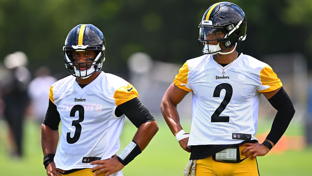 PITTSBURGH, PENNSYLVANIA - JUNE 6: Russell Wilson #3 looks on alongside Justin Fields #2 of the Pittsburgh Steelers during the Pittsburgh Steelers OTA offseason workout at UPMC Rooney Sports Complex on June 6 2024 in Pittsburgh, Pennsylvania.