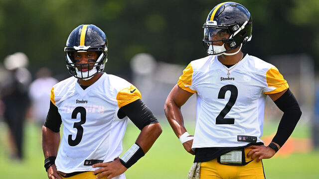PITTSBURGH, PENNSYLVANIA - JUNE 6: Russell Wilson #3 looks on alongside Justin Fields #2 of the Pittsburgh Steelers during the Pittsburgh Steelers OTA offseason workout at UPMC Rooney Sports Complex on June 6 2024 in Pittsburgh, Pennsylvania.