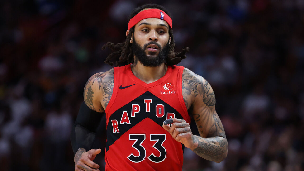 MIAMI, FLORIDA - APRIL 12: Gary Trent Jr. #33 of the Toronto Raptors looks on against the Miami Heat during the third quarter of the game at Kaseya Center on April 12, 2024 in Miami, Florida.