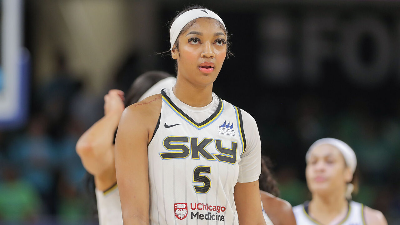 CHICAGO, IL - JULY 10: Angel Reese #5 of the Chicago Sky looks on during the second half against the Atlanta Dream on July 10, 2024 at Wintrust Arena in Chicago, Illinois
