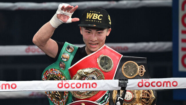 Japan's WBC and WBO super bantamweight champion Naoya Inoue celebrates his victory over Philippines' WBA and IBF super bantamweight champion Marlon Tapales after their four-belt world super bantamweight title unification match at Tokyo's Ariake Arena on December 26, 2023.