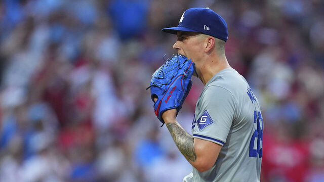 PHILADELPHIA, PENNSYLVANIA - JULY 9: Bobby Miller #28 of the Los Angeles Dodgers reacts after allowing a solo home run to Bryson Stott #5 of the Philadelphia Phillies in the bottom of the fourth inning at Citizens Bank Park on July 9, 2024 in Philadelphia, Pennsylvania.