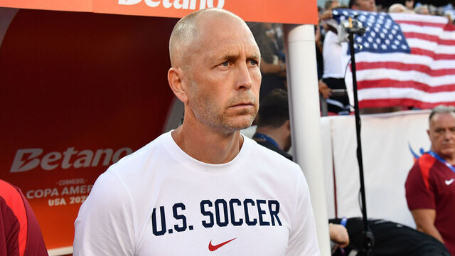 KANSAS CITY, MISSOURI - JULY 1: Gregg Berhalter Head Coach of the United States during the National Anthem before the CONMEBOL Copa America group C match between the United States and Uruguay at GEHA Field at Arrowhead Stadium on July 1, 2024 in Kansas City, Missouri.