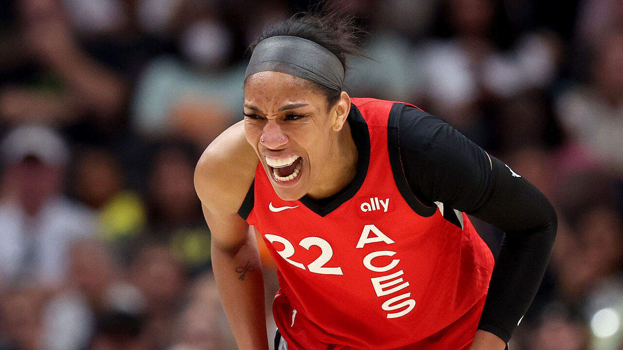 SEATTLE, WASHINGTON - JULY 10: A'ja Wilson #22 of the Las Vegas Aces reacts during the third quarter against the Seattle Storm at Climate Pledge Arena on July 10, 2024 in Seattle, Washington.