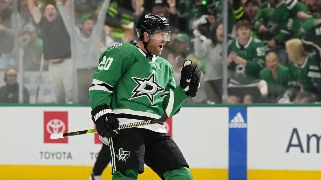 DALLAS, TEXAS - MAY 07: Ryan Suter #20 of the Dallas Stars reacts to a goal during the first period against the Colorado Avalanche in Game One of the Second Round of the 2024 Stanley Cup Playoffs at American Airlines Center on May 07, 2024 in Dallas, Texas.
