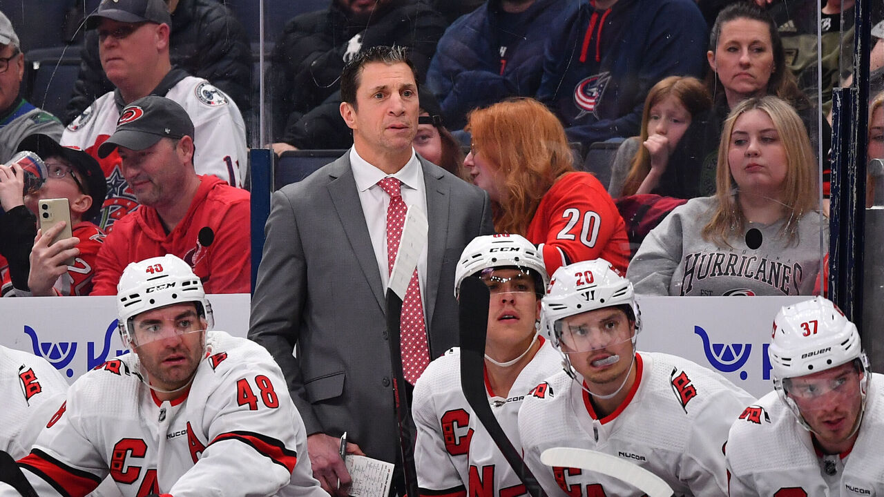 COLUMBUS, OHIO - FEBRUARY 29: Head coach Rod Brind'Amour of the Carolina Hurricanes follows gameplay during the second period of a game against the Columbus Blue Jackets at Nationwide Arena on February 29, 2024 in Columbus, Ohio.