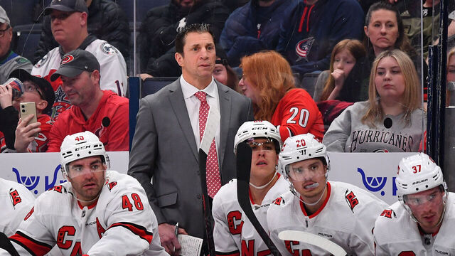 COLUMBUS, OHIO - FEBRUARY 29: Head coach Rod Brind'Amour of the Carolina Hurricanes follows gameplay during the second period of a game against the Columbus Blue Jackets at Nationwide Arena on February 29, 2024 in Columbus, Ohio.