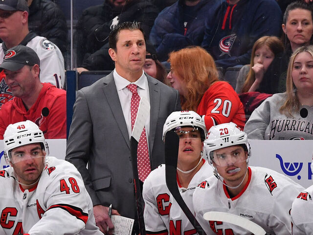 COLUMBUS, OHIO - FEBRUARY 29: Head coach Rod Brind'Amour of the Carolina Hurricanes follows gameplay during the second period of a game against the Columbus Blue Jackets at Nationwide Arena on February 29, 2024 in Columbus, Ohio.