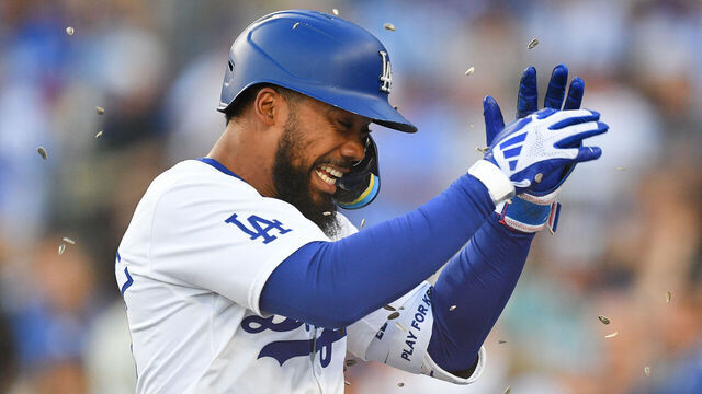 LOS ANGELES, CA - JULY 03: Los Angeles Dodgers outfielder Teoscar Hernandez (37) gets sunflower seeds thrown at him after hitting a home run during the MLB game between the Arizona Diamondbacks and the Los Angeles Dodgers on July 3, 2024 at Dodger Stadium in Los Angeles, CA.