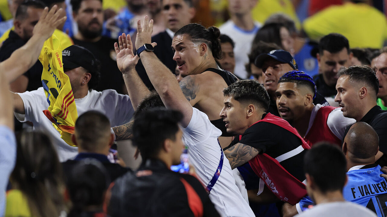 CHARLOTTE, NORTH CAROLINA - JULY 10: Darwin Nuñez (C) of Uruguay reacts during the CONMEBOL Copa America 2024 semifinal match between Uruguay and Colombia at Bank of America Stadium on July 10, 2024 in Charlotte, North Carolina.