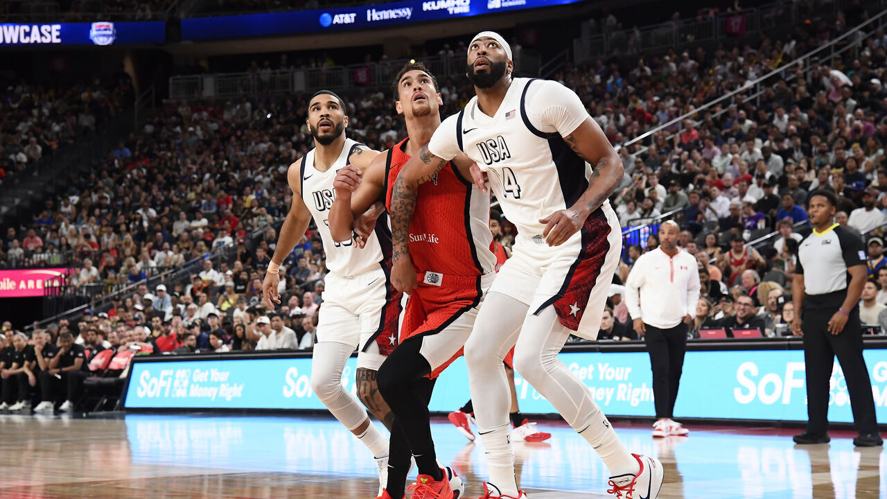 LAS VEGAS, NV - JULY 10: Anthony Davis #14 of the USA Basketball Men's Team boxes out during the game against the Canada Basketball Men's Team on July 10, 2024 at the T-Mobile Arena in Las Vegas, Nevada. NOTE TO USER: User expressly acknowledges and agrees that, by downloading and/or using this Photograph, user is consenting to the terms and conditions of the Getty Images License Agreement. Mandatory Copyright Notice: Copyright 2024 NBAE