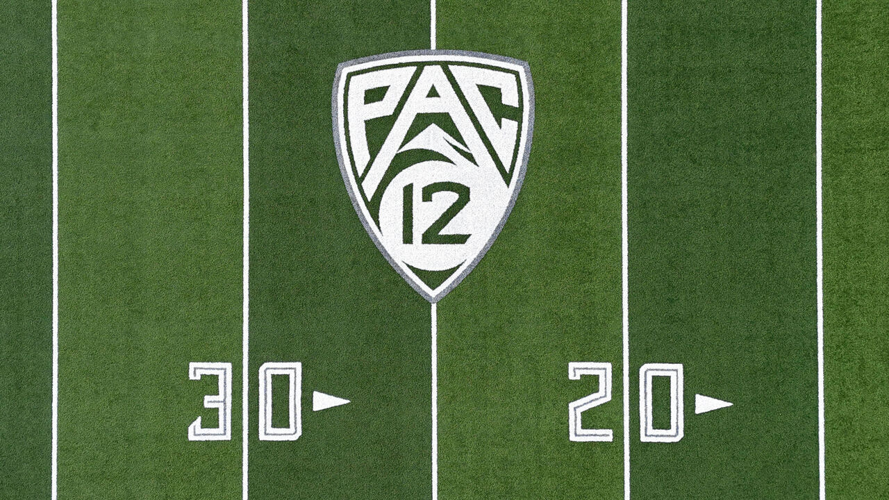 EUGENE, OREGON - MAY 23: The Pac-12 Conference logo on the Autzen Stadium football field on the campus of the University of Oregon on May 23, 2024 in Eugene, Oregon