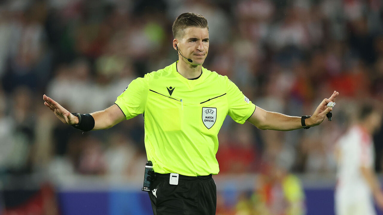 COLOGNE, GERMANY - JUNE 30: Referee Francois Letexier gestures during the UEFA EURO 2024 round of 16 match between Spain and Georgia at Cologne Stadium on June 30, 2024 in Cologne, Germany.