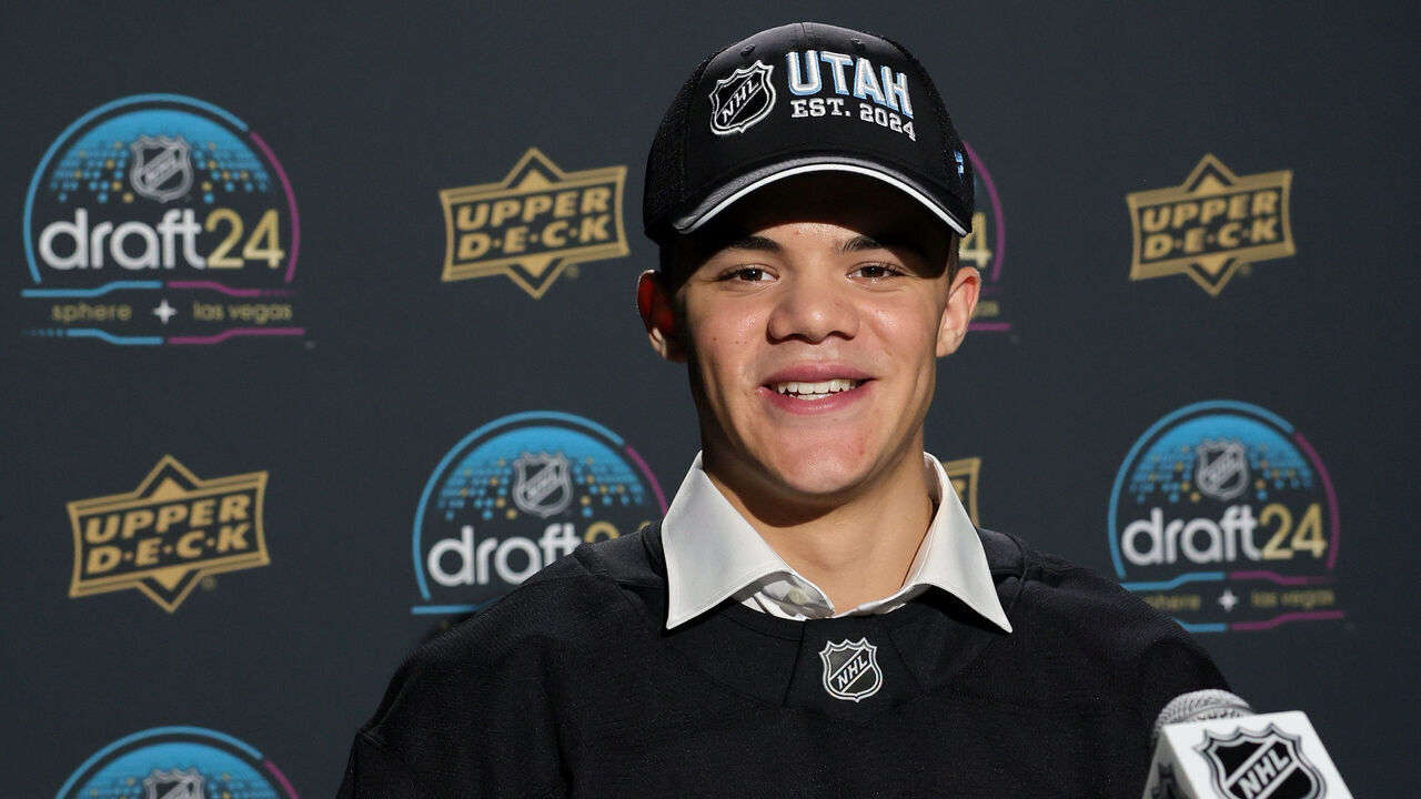 LAS VEGAS, NEVADA - JUNE 28: Tij Iginla poses in the media center after being selected by the Utah Hockey Club with the sixth overall pick of the first round of the 2024 Upper Deck NHL Draft at Sphere on June 28, 2024 in Las Vegas, Nevada.