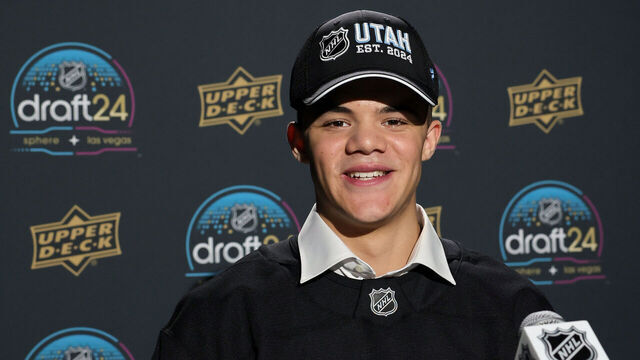 LAS VEGAS, NEVADA - JUNE 28: Tij Iginla poses in the media center after being selected by the Utah Hockey Club with the sixth overall pick of the first round of the 2024 Upper Deck NHL Draft at Sphere on June 28, 2024 in Las Vegas, Nevada.