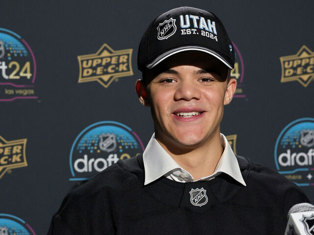 LAS VEGAS, NEVADA - JUNE 28: Tij Iginla poses in the media center after being selected by the Utah Hockey Club with the sixth overall pick of the first round of the 2024 Upper Deck NHL Draft at Sphere on June 28, 2024 in Las Vegas, Nevada.