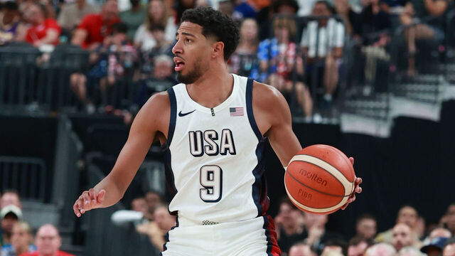 LAS VEGAS, NV - JULY 10: Tyrese Haliburton #9 of Team USA handles the ball during the game against Team Canada on July 10, 2024 at the T-Mobile Arena in Las Vegas, Nevada. NOTE TO USER: User expressly acknowledges and agrees that, by downloading and/or using this Photograph, user is consenting to the terms and conditions of the Getty Images License Agreement. Mandatory Copyright Notice: Copyright 2024 NBAE