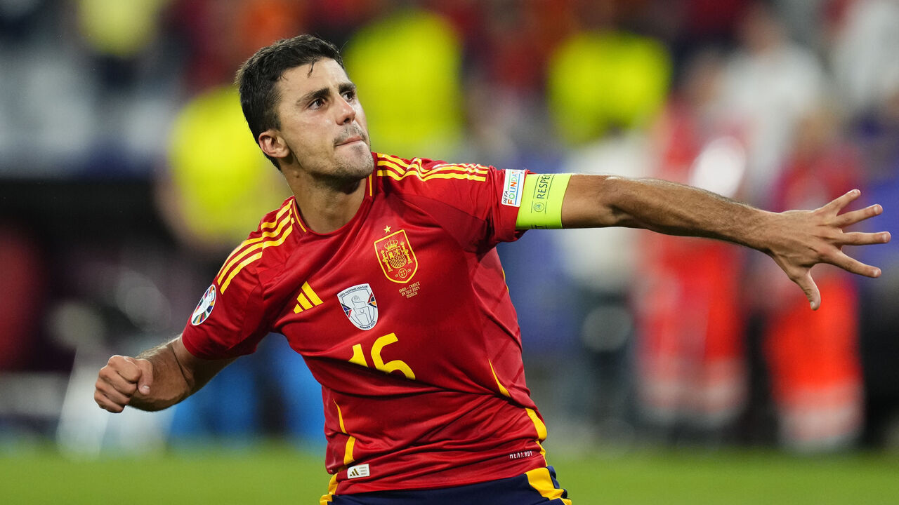 MUNICH, GERMANY - JULY 9: Rodri of Spain celebrates their victory at the end of the UEFA Euro 2024 semi-final match between Spain and France at the Munich Football Arena in Munich, Germany on July 9, 2024. Spain advance to EURO 2024 final with 2-1 victory over France.