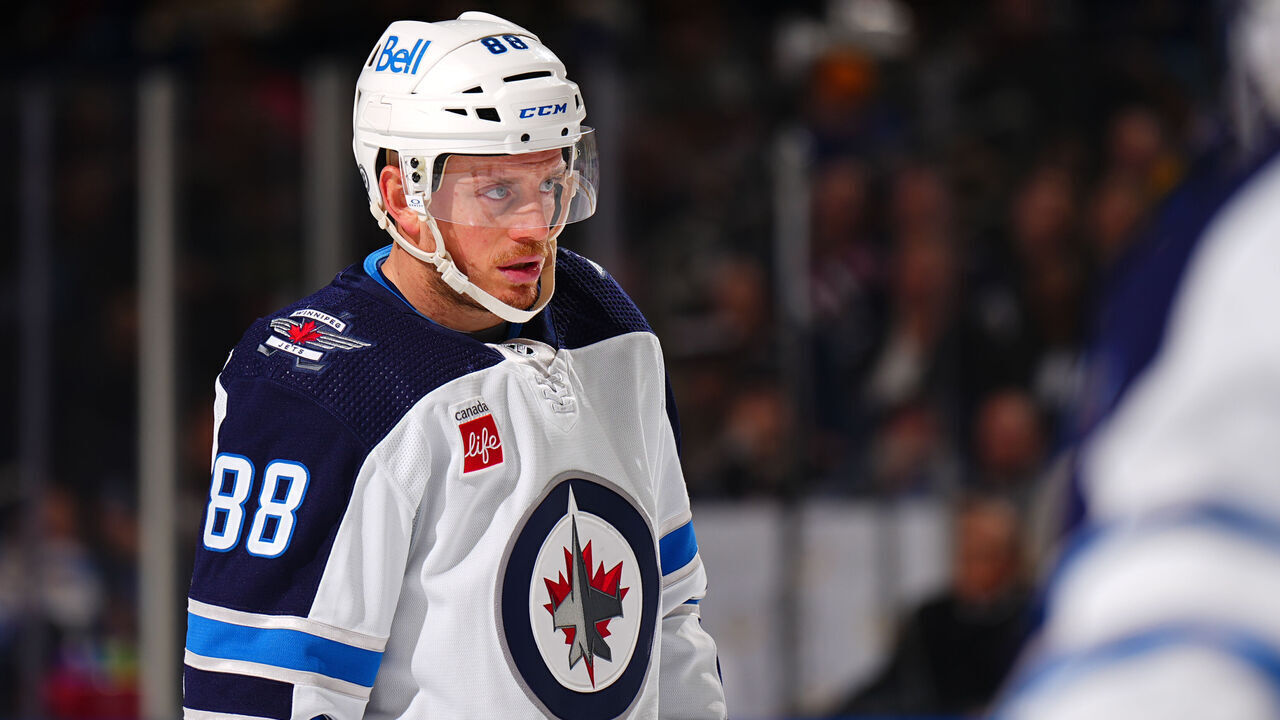 BUFFALO, NEW YORK - MARCH 3: Nate Schmidt #88 of the Winnipeg Jets looks on during the second period of an NHL game against the Buffalo Sabres on March 3, 2024 at KeyBank Center in Buffalo, New York.