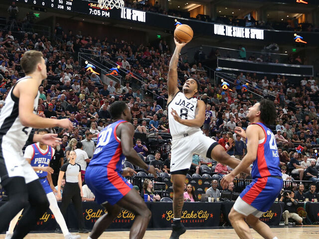SALT LAKE CITY, UT - JULY 10: Brice Sensabaugh #8 of the Utah Jazz shoots over Adem Bona #30 and Jared McCain #20 of the Philadelphia 76ers during the second half of their NBA Summer League game at the Delta Center on July 10, 2024 in Salt Lake City, Utah. NOTE TO USER: User expressly acknowledges and agrees that, by downloading and or using this photographer, user is consenting to the terms and conditions of Getty Images License Agreement.