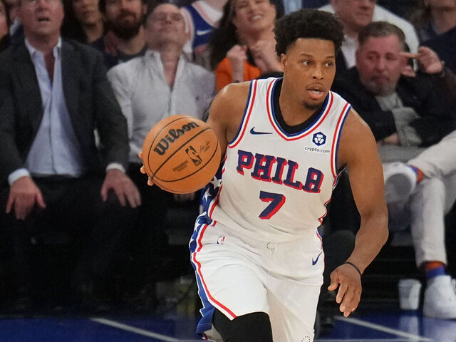 NEW YORK, NY - APRIL 30: Kyle Lowry #7 of the Philadelphia 76ers dribbles the ball during the game against the New York Knicks during Round 1 Game 5 of the 2024 NBA Playoffs on April 30, 2024 at Madison Square Garden in New York City, New York. Mandatory Copyright Notice: Copyright 2024 NBAE