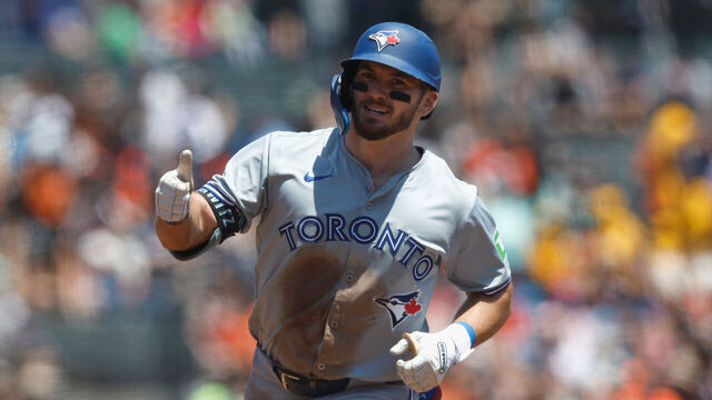 SAN FRANCISCO, CALIFORNIA - JULY 11: Spencer Horwitz #48 of the Toronto Blue Jays celebrates after hitting a solo home run in the top of the fifth inning against the San Francisco Giants at Oracle Park on July 11, 2024 in San Francisco, California.