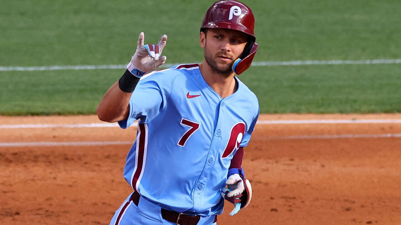 PHILADELPHIA, PA - JULY 11: Trea Turner #7 of the Philadelphia Phillies rounds the bases after he hits a home run during the first inning during the game against the Los Angeles Dodgers on July 11, 2024 at Citizens Bank Park in Philadelphia, Pennsylvania.