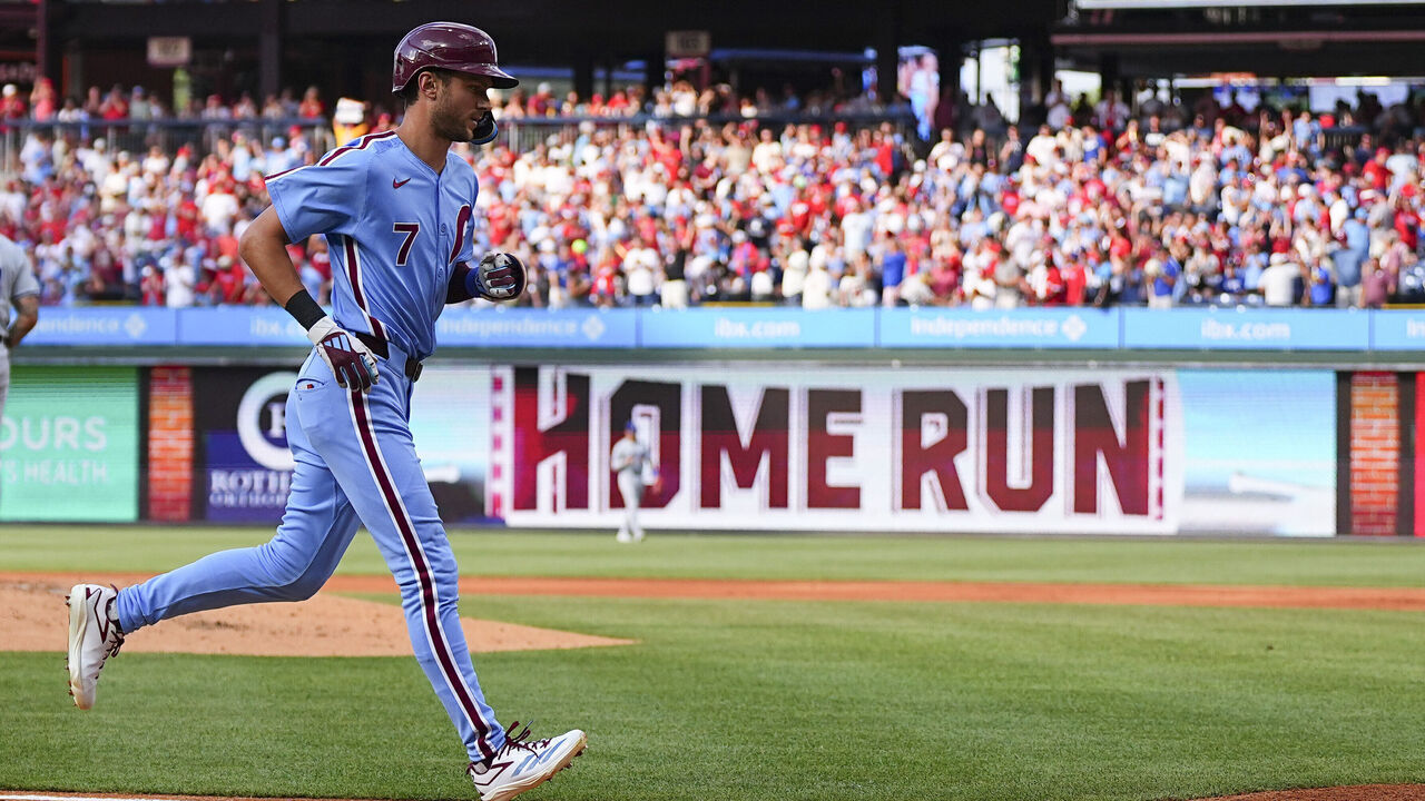 PHILADELPHIA, PENNSYLVANIA - JULY 11: Trea Turner #7 of the Philadelphia Phillies rounds the bases after hitting a solo home run in the bottom of the first inning against the Los Angeles Dodgers at Citizens Bank Park on July 11, 2024 in Philadelphia, Pennsylvania.