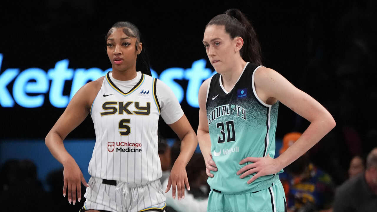 BROOKLYN, NY - JULY 11: Angel Reese #5 of the Chicago Sky and Breanna Stewart #30 of the New York Liberty look on on July 11, 2024 in Brooklyn, New York. Mandatory Copyright Notice: Copyright 2024 NBAE