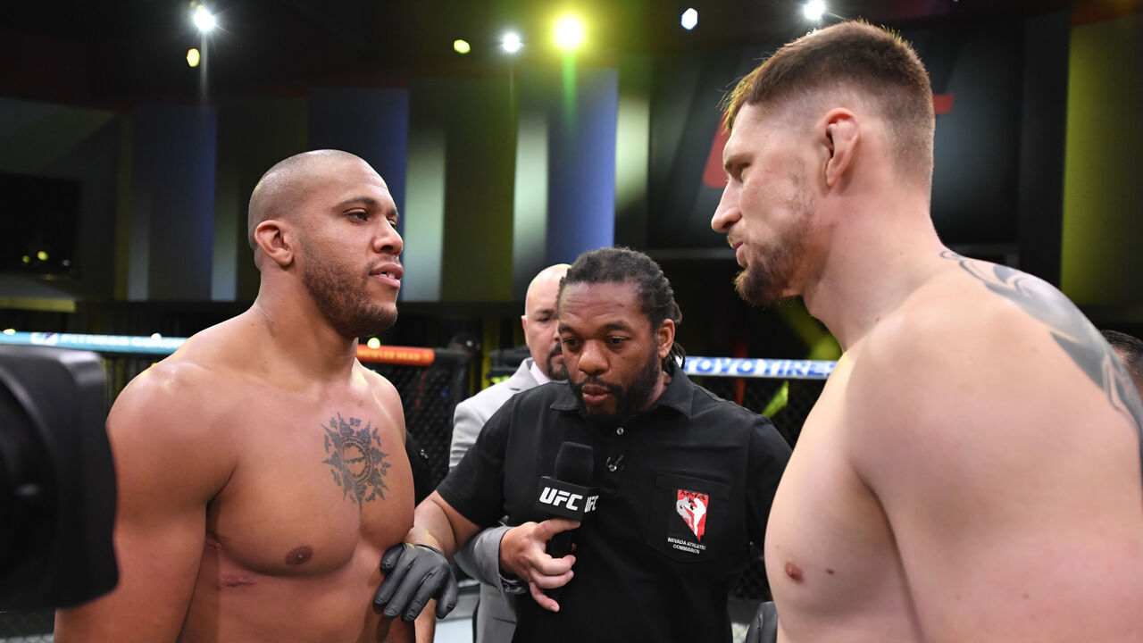 LAS VEGAS, NEVADA - JUNE 26: (L-R) Opponents Ciryl Gane of France and Alexander Volkov of Russia face off prior to their heavyweight fight during the UFC Fight Night event at UFC APEX on June 26, 2021 in Las Vegas, Nevada.