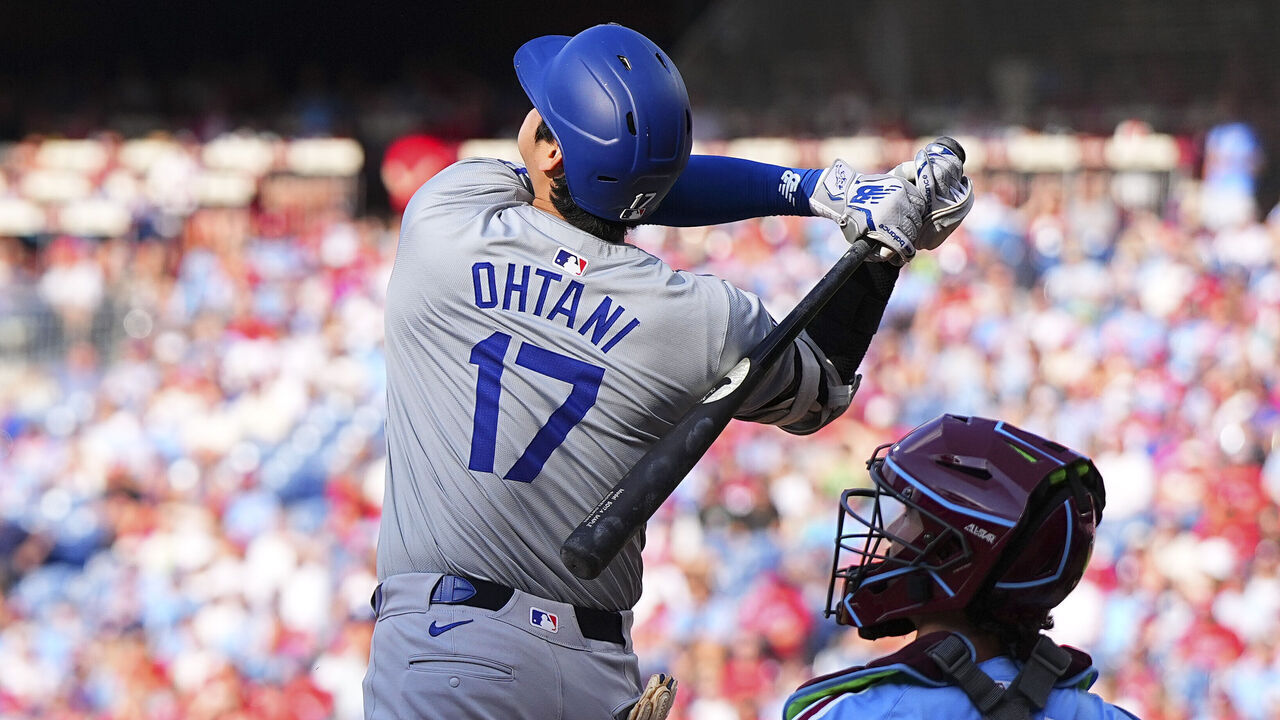 PHILADELPHIA, PENNSYLVANIA - JULY 11: Shohei Ohtani #17 of the Los Angeles Dodgers bats against the Philadelphia Phillies at Citizens Bank Park on July 11, 2024 in Philadelphia, Pennsylvania. The Phillies defeated the Dodgers 5-1.