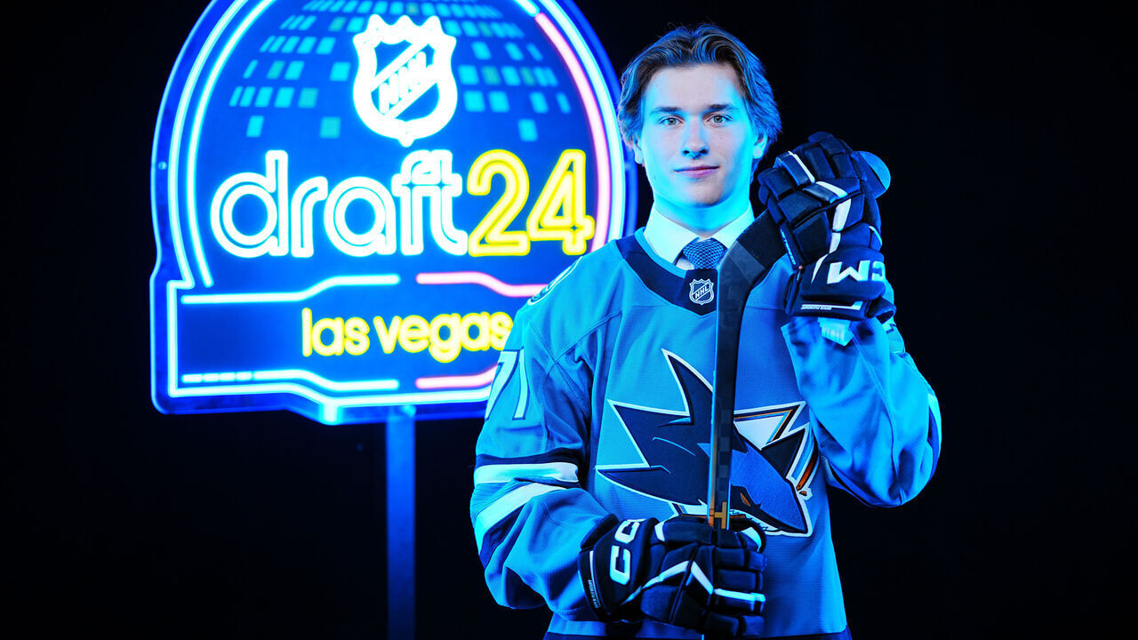 LAS VEGAS, NEVADA - JUNE 28: Macklin Celebrini poses for a portrait after being selected first overall by the San Jose Sharks during the 2024 Upper Deck NHL Draft at Sphere on June 28, 2024 in Las Vegas, Nevada.