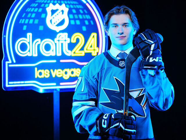 LAS VEGAS, NEVADA - JUNE 28: Macklin Celebrini poses for a portrait after being selected first overall by the San Jose Sharks during the 2024 Upper Deck NHL Draft at Sphere on June 28, 2024 in Las Vegas, Nevada.