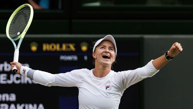 LONDON, ENGLAND - JULY 11: Barbora Krejcikova of the Czech Republic celebrates her victory over Elena Rybakina of Kazakhstan in the semi-final of the women's singles during day eleven of The Championships Wimbledon 2024 at All England Lawn Tennis and Croquet Club on July 11, 2024 in London, England.