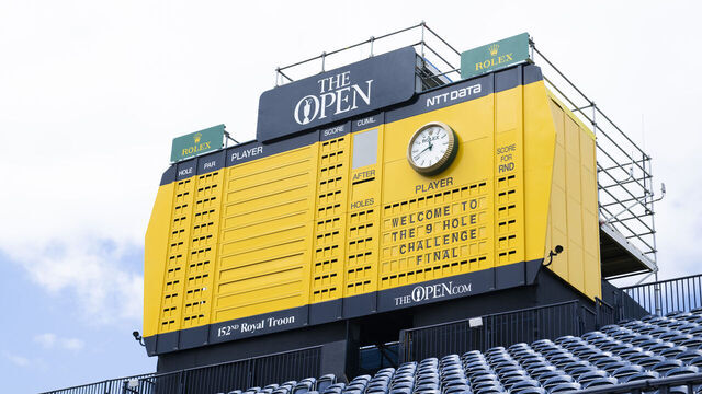 TROON, SCOTLAND - JULY 12: A general view of the 18th green grandstand prior to The 152nd Open championship at Royal Troon, on July 12, 2024 in Troon, Scotland.