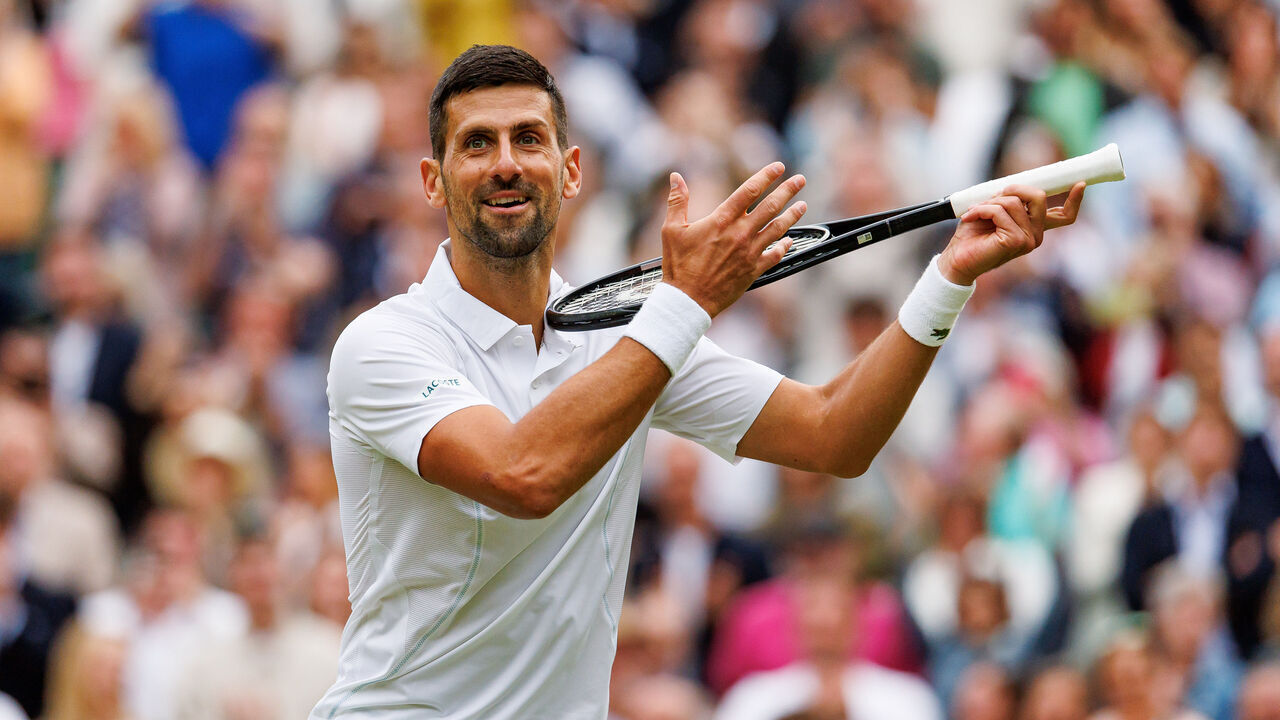 LONDON, ENGLAND - JULY 12: Novak Djokovic of Serbia celebrates his victory over Lorenzo Musetti of Italy in the semi-final of the men's singles during day twelve of The Championships Wimbledon 2024 at All England Lawn Tennis and Croquet Club on July 12, 2024 in London, England.