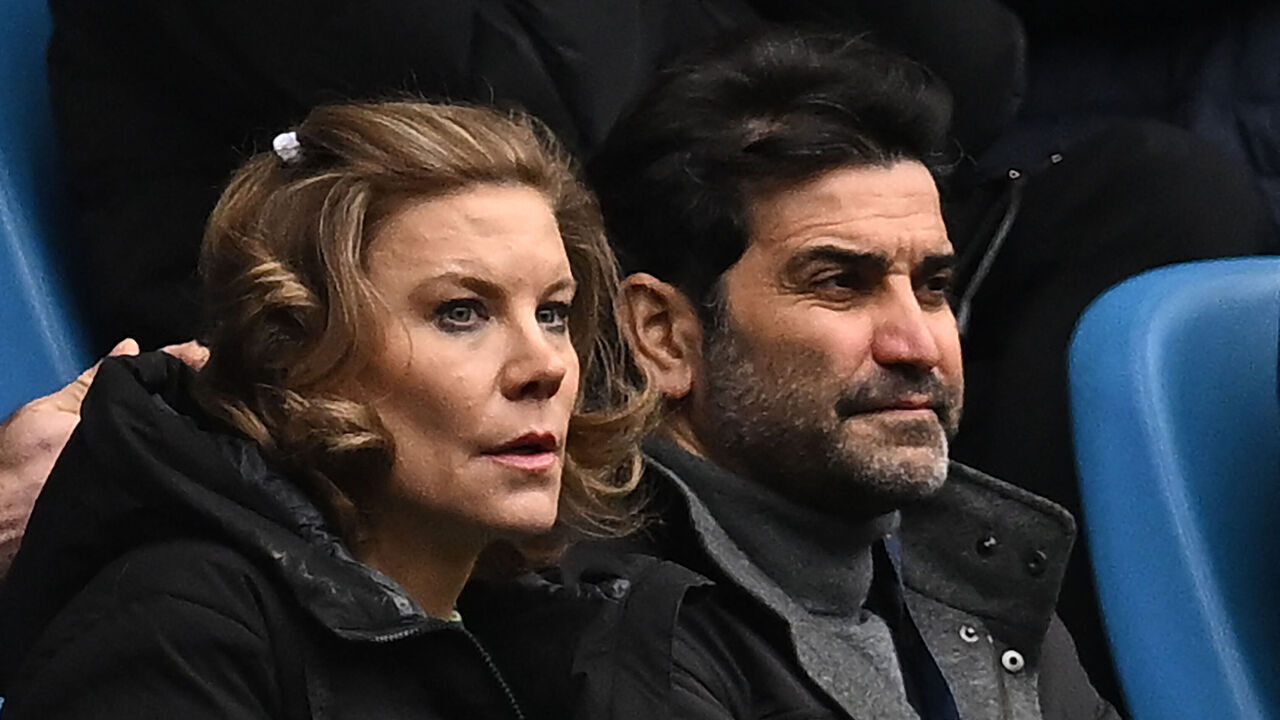 Newcastle United's English minority owner Amanda Staveley (L) and her husband, Newcastle United Director, Mehrdad Ghodoussi (R) take their seats for the English Premier League football match between Manchester City and Newcastle United at the Etihad Stadium in Manchester, north west England, on March 4, 2023.