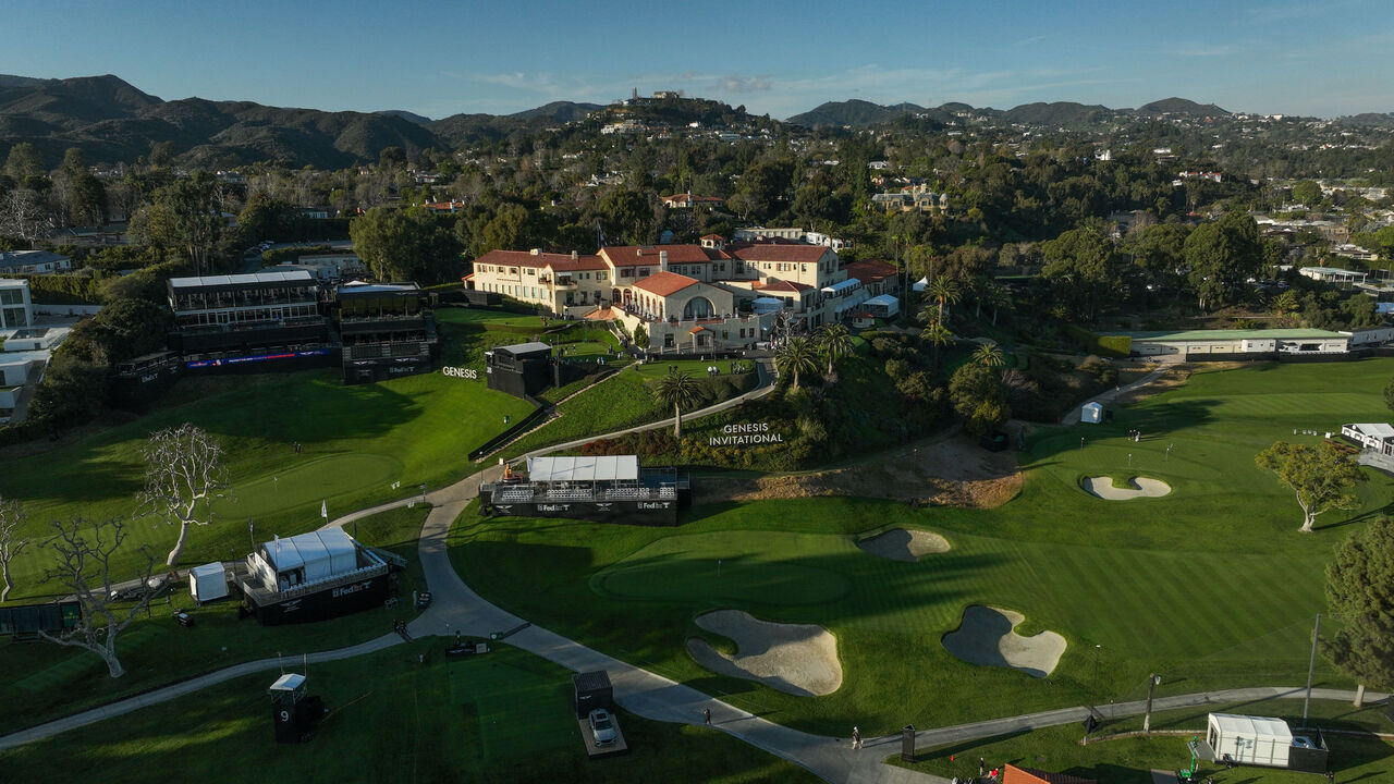 PACIFIC PALISADES, CALIFORNIA - FEBRUARY 13: (EDITOR'S NOTE: Image taken with a drone.) An aerial view of the clubhouse is seen before The Genesis Invitational at Riviera Country Club on February 13, 2024 in Pacific Palisades, California.