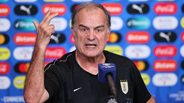 CHARLOTTE, NORTH CAROLINA - JULY 12: Head coach of Uruguay Marcelo Bielsa speaks ahead of their third place match against Canada as part of CONMEBOL Copa America USA 2024 at Bank of America Stadium on July 12, 2024 in Charlotte, North Carolina.