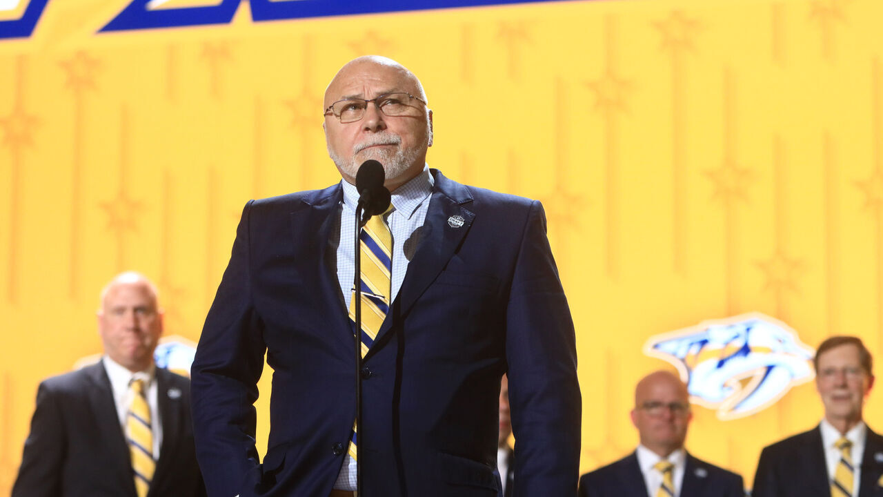 NASHVILLE, TN - JUNE 28: Incoming Nashville Predators General Manager Barry Trotz is shown during the first round of the 2023 Upper Deck NHL Draft, held on June 28, 2023, at Bridgestone Arena in Nashville, Tennessee.