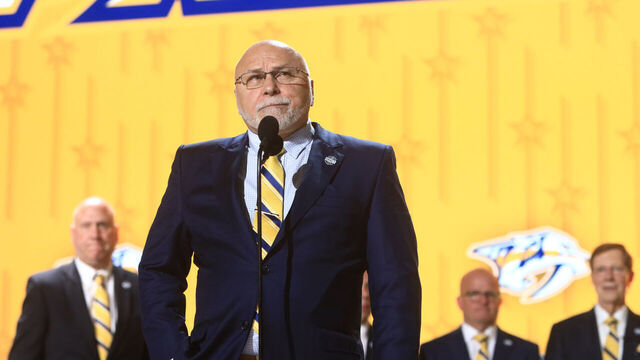 NASHVILLE, TN - JUNE 28: Incoming Nashville Predators General Manager Barry Trotz is shown during the first round of the 2023 Upper Deck NHL Draft, held on June 28, 2023, at Bridgestone Arena in Nashville, Tennessee.
