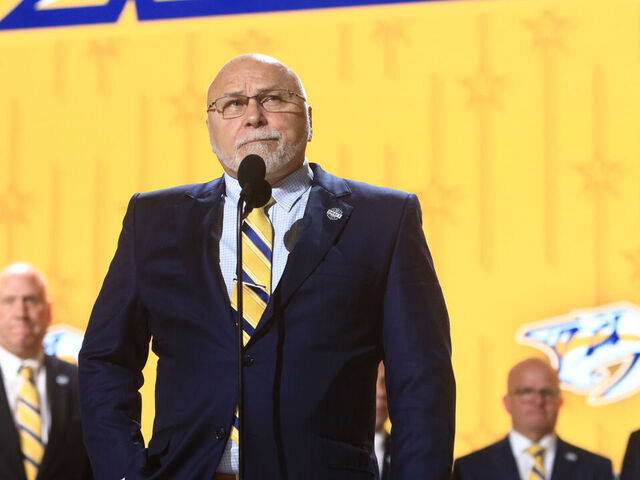 NASHVILLE, TN - JUNE 28: Incoming Nashville Predators General Manager Barry Trotz is shown during the first round of the 2023 Upper Deck NHL Draft, held on June 28, 2023, at Bridgestone Arena in Nashville, Tennessee.