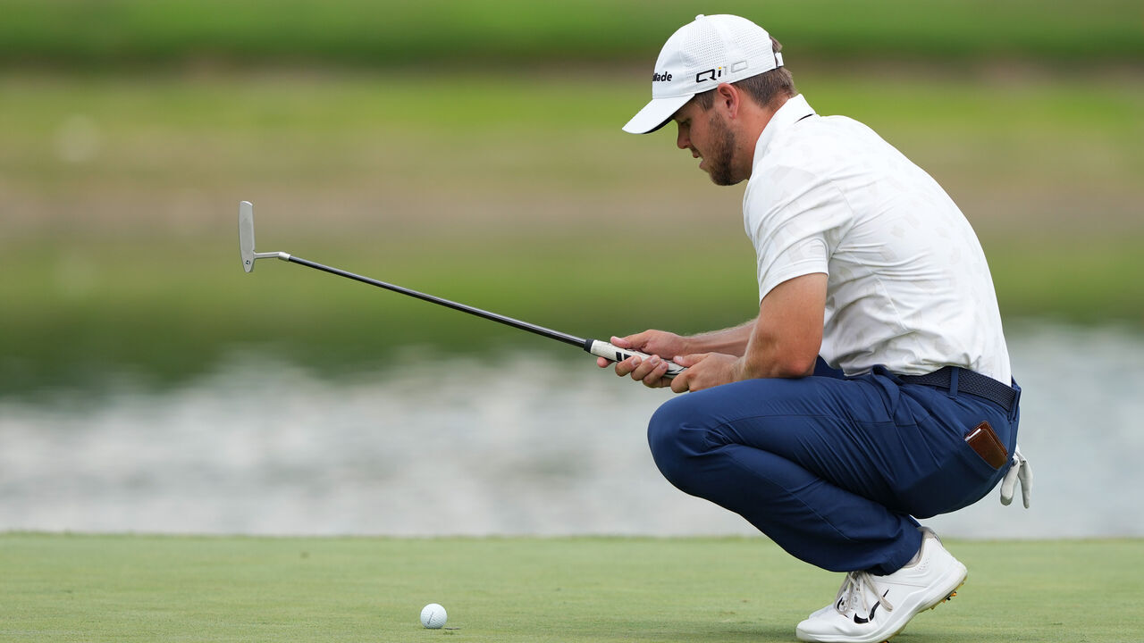 NICHOLASVILLE, KENTUCKY - JULY 12: Pierceson Coody of the United States lines up a putt on the 18th green during the second round of the Kentucky Championship at Keene Trace Golf Club on July 12, 2024 in Nicholasville, Kentucky.