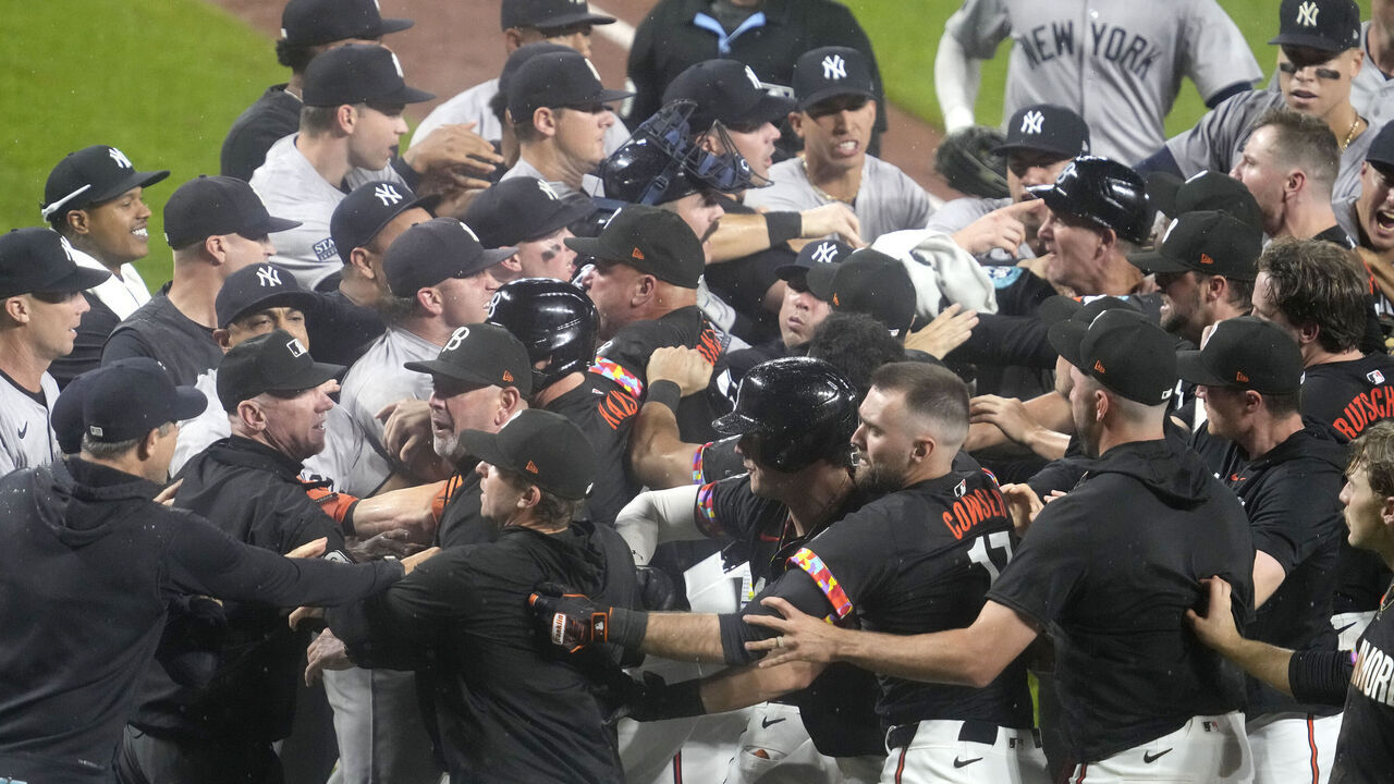 BALTIMORE, MD - JULY 12: Benches clear after Heston Kjerstad #13 of the Baltimore Orioles is hit by pitch in the ninth inn during a baseball game against the New York Yankees at the Oriole Park at Camden Yards on July 12, 2024 in Baltimore, Maryland.
