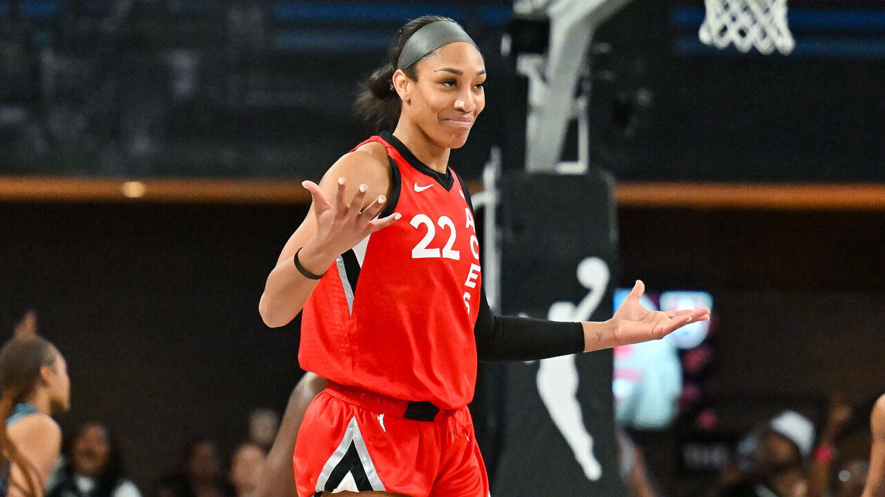 COLLEGE PARK, GA JULY 12: Las Vegas center A'ja Wilson (22) reacts after a three-pointer during the WNBA game between the Las Vegas Aces and the Atlanta Dream on July 12th, 2024 at the Gateway Arena in College Park, GA.