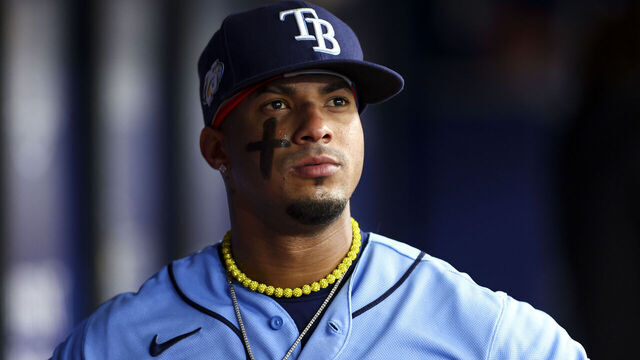 ST PETERSBURG, FLORIDA - APRIL 08: Wander Franco #5 of the Tampa Bay Rays looks on from the dugout during the third inning against the Oakland Athletics at Tropicana Field on April 08, 2023 in St Petersburg, Florida.