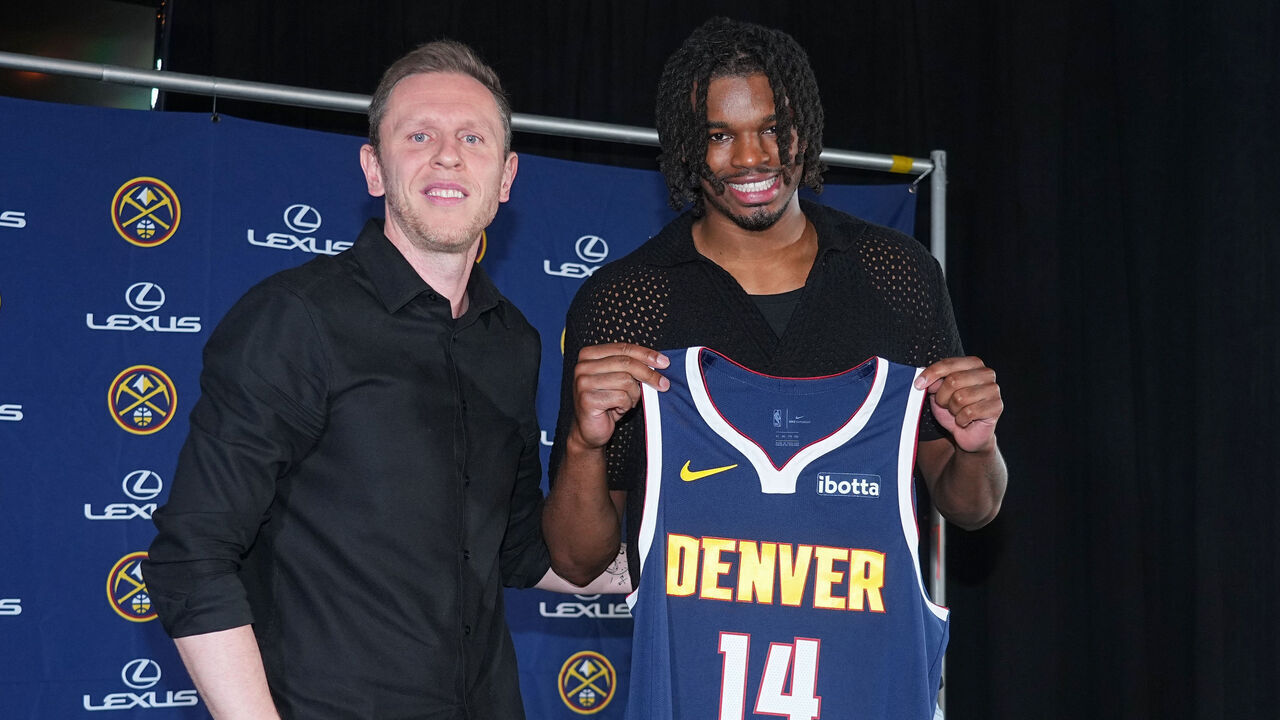 DENVER, CO - JULY 1: Tommy Balcetis and Daron Holmes II of the Denver Nuggets poses for a portrait on July 1, 2024 at the Ball Arena in Denver, Colorado. NOTE TO USER: User expressly acknowledges and agrees that, by downloading and/or using this Photograph, user is consenting to the terms and conditions of the Getty Images License Agreement. Mandatory Copyright Notice: Copyright 2024 NBAE